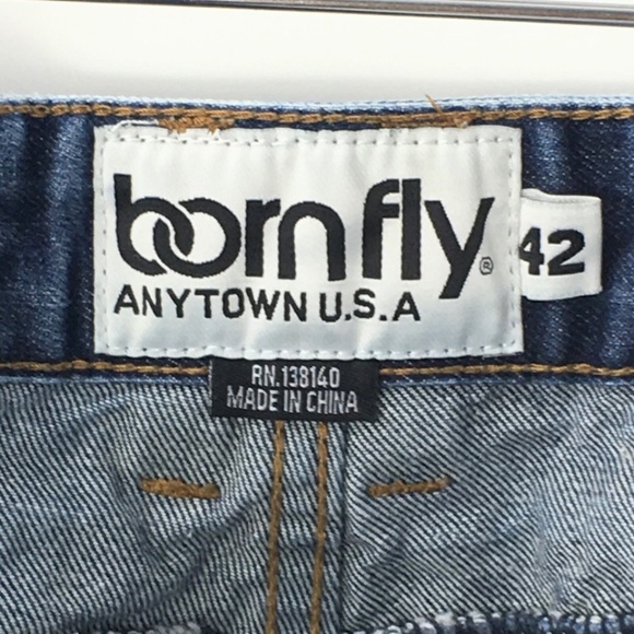 Born Fly Mens Jean Shorts Factory Fading Raw Hem Fringe Distressed Blue Sz 42 - Picture 10 of 11